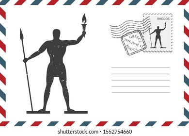 Postage Retro Envelope with hand drawnRhodes on Greece island. Grunge style envelope with stamp. Vector illustration