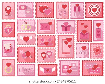 Postage romantic love valentine day, wedding, engagement stamps congratulation and greeting set. Loving correspondence mail envelope stickers with hearts and different composition vector illustration