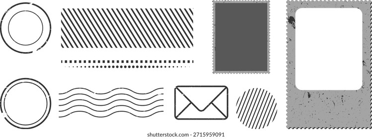 Conjunto de sellos postales, marcos de sellos postales Grunge con bordes vintage, impresiones de matasellos en blanco y Formas de etiquetas con textura. Ideal para documentos, paquetes, diseños de correo, pegatinas y obras de arte retro