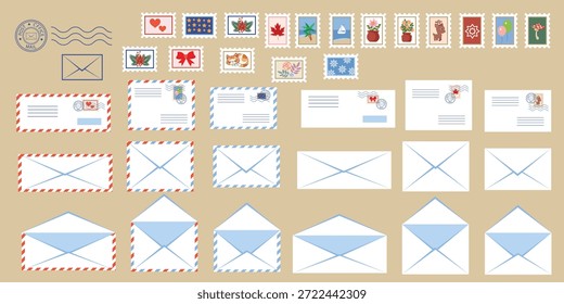 Briefmarken, Briefe verschiedener Größen, Briefmarken, Briefmarken. Vektorgrafik.
