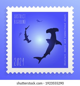 Postage stamp with abstract depth and
Hammerhead sharks.