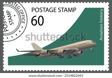 Postage stamp with an airplane taking off. Vector.
