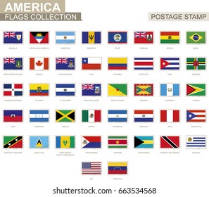 Postage stamp with America flags. Set of 42 American flag. Vector Illustration.