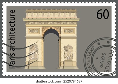 Sello postal con el Arco del Triunfo en París. Vector.