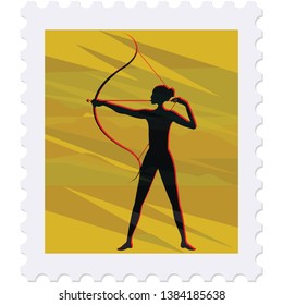 Postage stamp - Archer female silhouette - isolated on white background  