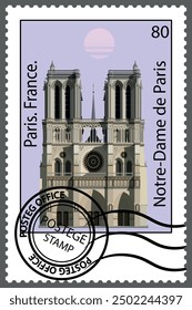 
Postage stamp with the architecture of Paris. Vector.