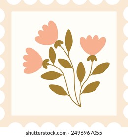 Postage Stamp With Autumn Flowers Vector Illustration