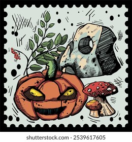 A postage stamp with an autumn mood. Pumpkin, magic stone, fly agaric, a sprig of mountain ash.