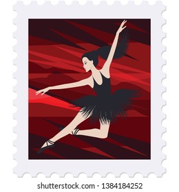 Postage stamp - a ballerina in a black tutu, character, bright red abstract scene  