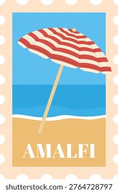 Postage stamp with a beach umbrella, sand, sea, and the inscription 