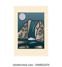Postage stamp with beautiful waterfall landscape illustration.