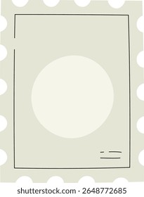 Carimbo de correio com centro circular em branco e bordas perfuradas em estilo cartoon. O selo possui um quadro simples e linhas mínimas. Ilustração de vetor de desenhos animados.