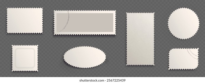 Postage stamp blank frame collection of various shapes - rectangular postal frames, circular mail form, oval vintage template, perforated edges. Mockup elements for postal correspondence design.