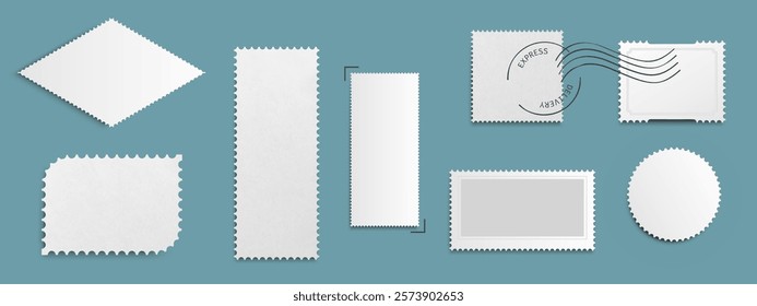 Postage stamp blank frame collection of various shapes - rectangular postal frames, circular mail form, oval vintage template, perforated edges. Mockup elements for postal correspondence design.