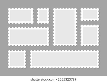 Postage stamp blank template collection. Different rectangular shapes with perforated edges.