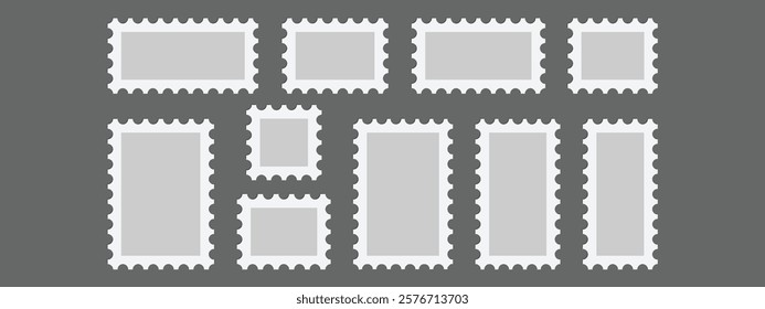 Postage stamp blank templates set. Vector illustration old mail patterns isolated on gray background. Jagged wavy edge forms. Paper postmarks kit. Postal shapes border. Frames for letter.