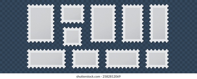 Postage stamp blank templates set. Vector illustration old mail patterns isolated on dark background. Jagged wavy edge forms. Paper postmarks kit. Postal shapes border. Frames for letter.