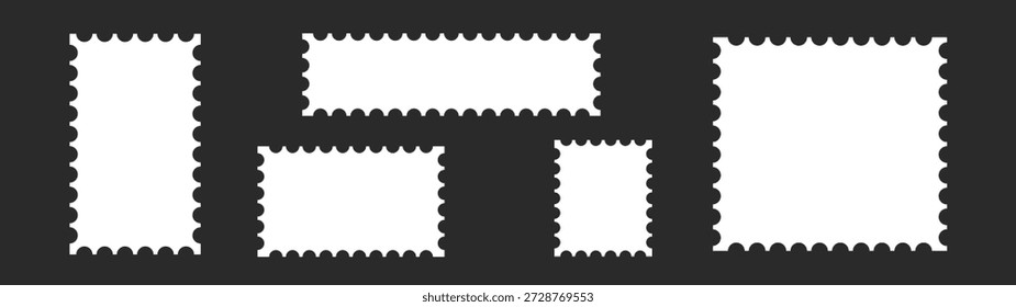 Postage stamp border frame, blank vintage postcard template with rectangle and square shapes, paper letter and mail design, vector illustration with envelope and sticker