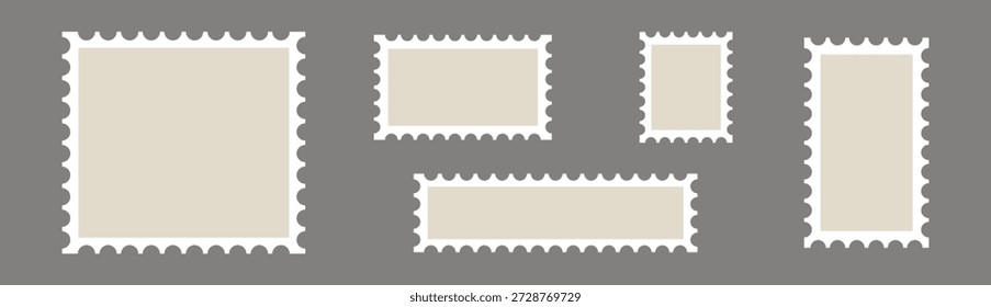 Marco del borde del sello postal, tarjeta postal vintage en blanco y Plantilla de tarjeta postal con borde perforado, Ilustración vectorial