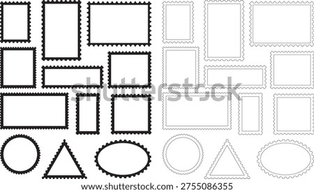 Postage stamp borders label vector set. Simple postal frame triangle rectangle oval square circle wavy jagged edge. For mail letter, poster, banner, badge, sticker post template