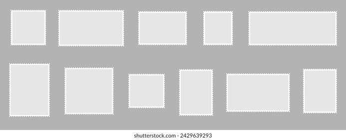 Postage stamp borders set. Blank Postage Stamps on gray background. Vector.