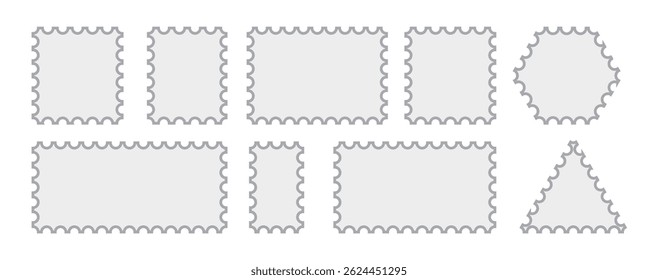  Postage stamp borders set. Postage stamp template collection. Letter stamps with perforated edges.  Realistic trendy post stamps set. Postage stamp vector. Vector illustration. eps10