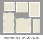 Postage stamp borders set vector Post stamps. Empty stamps set. Postal shapes border. Blank frames for mail letter. Postage perforated templates. Collection paper postmarks isolated on background