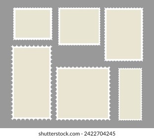 Postage stamp borders set vector Post stamps. Empty stamps set. Postal shapes border. Blank frames for mail letter. Postage perforated templates. Collection paper postmarks isolated on background