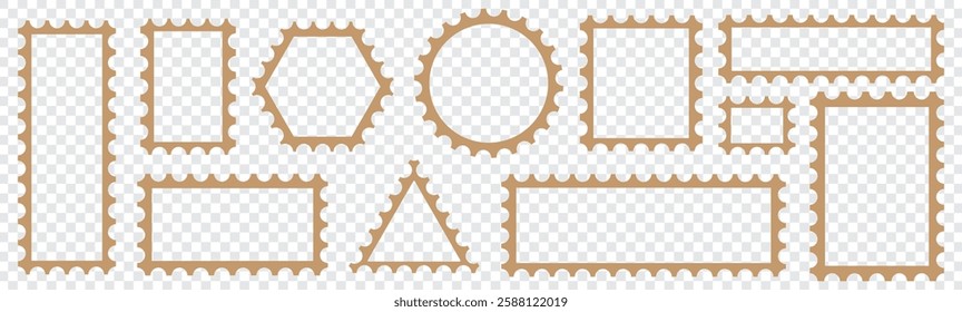 Postage stamp borders set vector Post stamps. Empty stamps set. Postal shapes border. Blank frames for mail letter. Postage perforated templates.