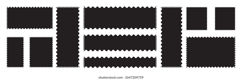 Postage stamp borders set vector. Wavy edge frame or shape. Set of frames in shape of squares and rectangles of various sizes with zigzag edge. Set of frames with zigzag edge, scallop edge shape