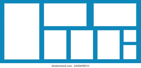 Bordas de carimbo postal definem vetor. Quadro ou forma de borda ondulada. Conjunto de quadros em forma de quadrados e retângulos de vários tamanhos com bordas em ziguezague