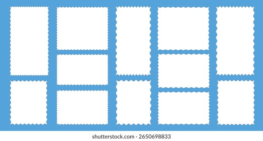 Bordas de carimbo postal definem vetor. Conjunto de quadros em forma de quadrados e retângulos de vários tamanhos com ziguezague bordas suaves. Formulários em branco para escrever texto, anotações, fotos.