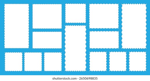 Postage stamp borders set vector. Set of frames in shape of squares and rectangles of various sizes with zigzag smooth edges. White blank forms for writing text, notes, photos.