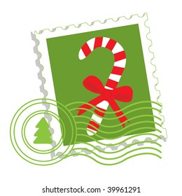 Postage stamp with candy cane. Vector illustration.