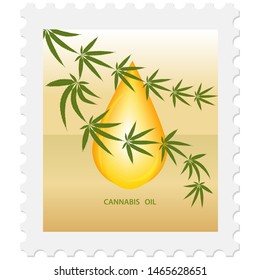 Postage stamp - cannabis branches and a drop of oil - isolated on white background - vector