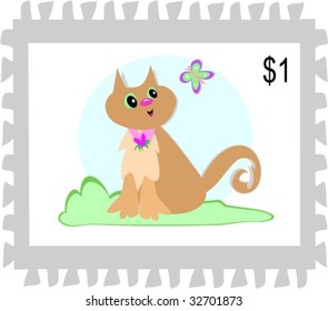 Postage Stamp of Cat and Butterfly Vector