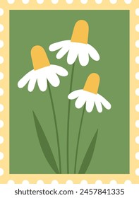 Postage Stamp With Chamomiles Vector Illustration