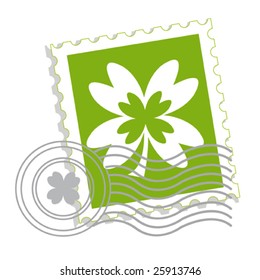 Postage stamp with clover leaf for St. Patrick's day. Vector Illustration.