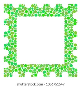 Postage Stamp collage of filled circles in variable sizes and green color tinges. Vector filled circles are united into postage stamp illustration. Ecology vector illustration.