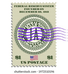 Postage stamp commemorating the founding of the American Federal Reserve System, founded on December 23, 1913. Seal in center of Bank of Boston, Massachusetts