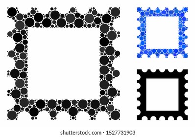 Postage stamp composition of filled circles in variable sizes and color tints, based on postage stamp icon. Vector filled circles are grouped into blue illustration.
