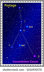 Postage stamp Constellation Cancer with a frame simple perforation. Vector illustration. Can be used for poster, banner, cover, postcard, design, labels, stickers.