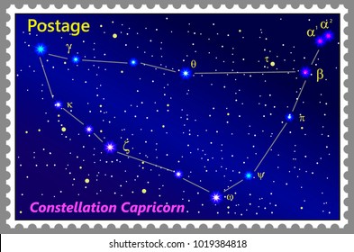 Postage stamp Constellation Capricorn with a frame simple perforation. Vector illustration. Can be used for poster, banner, cover, postcard, design, labels, stickers.

