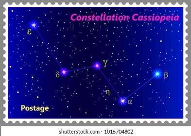 Postage stamp Constellation Cassiopeia with a frame simple perforation. Vector illustration. Can be used for poster, banner, cover, postcard, design, labels, stickers.