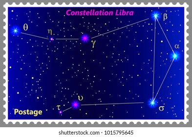 Postage stamp Constellation Libra with a frame simple perforation. Vector illustration. Can be used for poster, banner, cover, postcard, design, labels, stickers. Constellation Libra