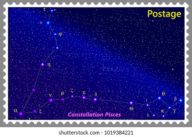 Postage stamp Constellation Pisces with a frame simple perforation. Vector illustration. Can be used for poster, banner, cover, postcard, design, labels, stickers.