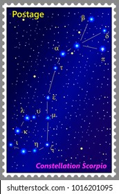 Postage stamp Constellation Scorpio with a frame simple perforation. Vector illustration. Can be used for poster, banner, cover, postcard, design, labels, stickers.
