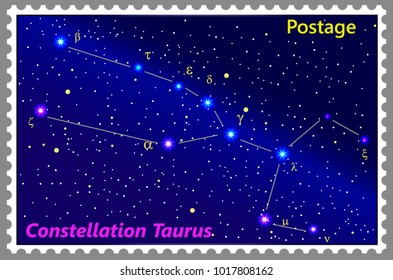 Postage stamp Constellation Taurus with a frame simple perforation. Vector illustration. Can be used for poster, banner, cover, postcard, design, labels, stickers.
