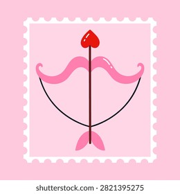 Postage stamp with cupid bow and heart-shaped arrow. Cute Valentine's Day stamp design. Romantic postal sticker. Love themed philatelic. Vector illustration in flat cartoon style