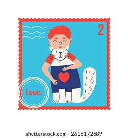 Postage stamp with cute baby hugging adult cat. Cute card with pet and boy. Vector hand drawn design element